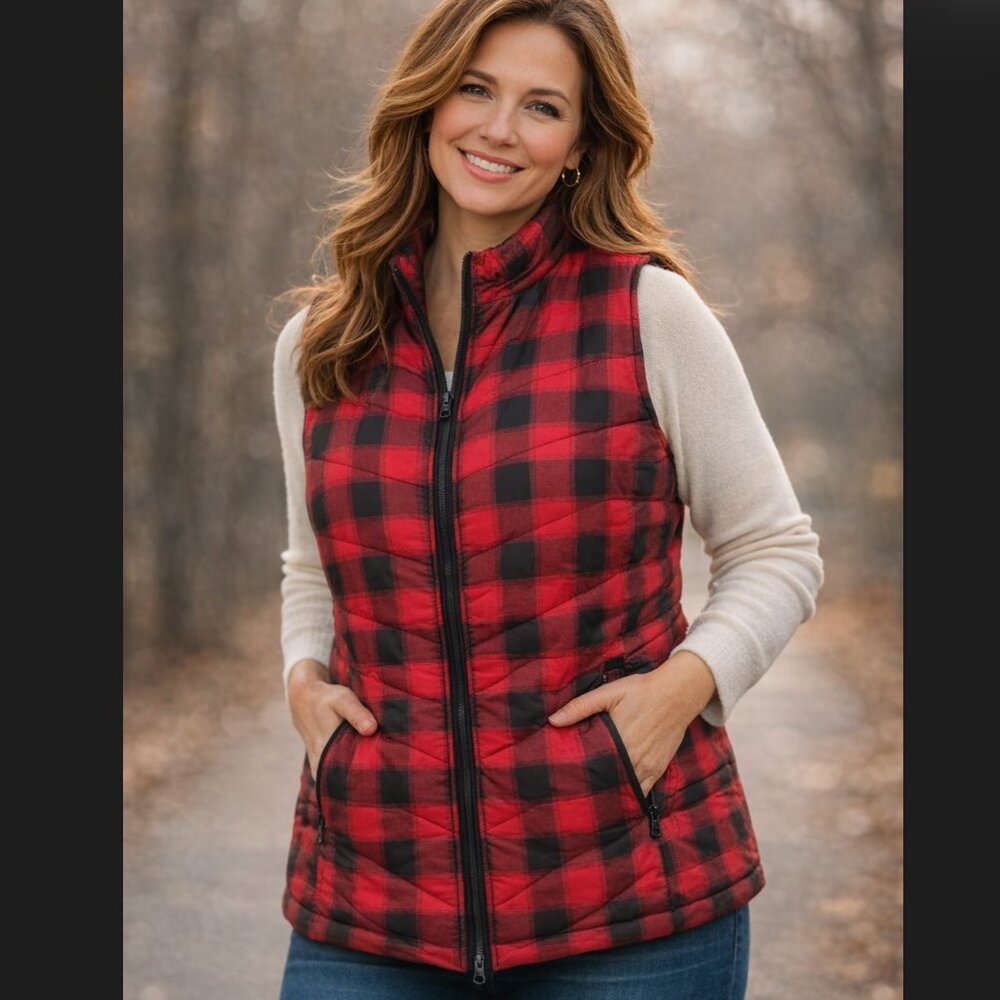 J. Jill Down Puffer Vest Large Buffalo Plaid Red Black Quilted Zip Pockets Cabin